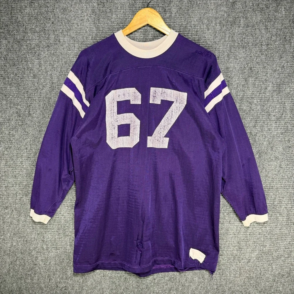 Vintage 60s Durene Football Jersey Purple White Stripe Number 67 Size Large